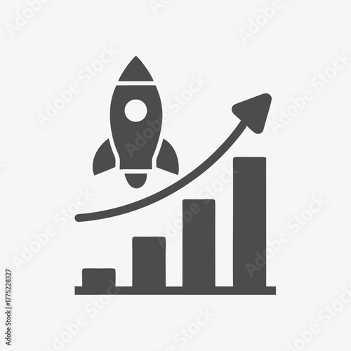 A gray rocket soars over graph bars indicating growth and forward momentum