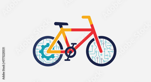 Colorful bicycle with technology circuit board wheels illustration.