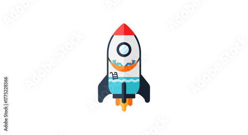 Colorful cartoon rocket ship launching into space with fiery exhaust.