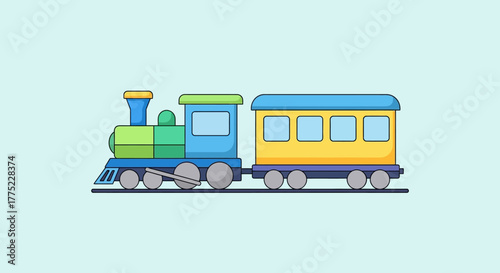 Colorful cartoon toy train with locomotive and passenger car.