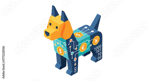 Colorful robotic dog toy with electronic circuits isolated on white.