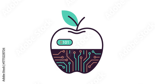 Digital Apple with Circuit Board Technology and Leaf.