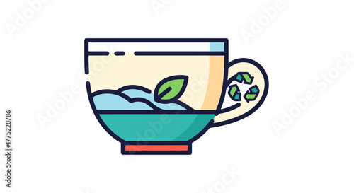 Eco friendly teacup icon with recycling symbol and leaf.