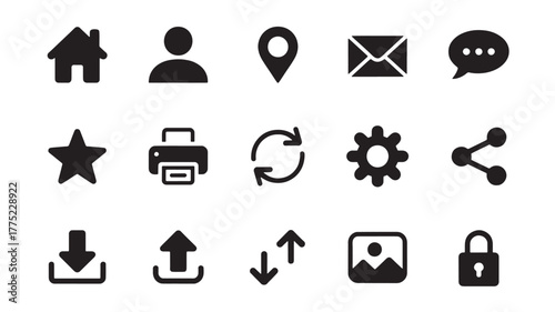 Set of black glyph icons for user interface simple flat vector symbols for web and mobile design isolated on white background