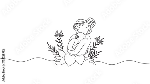 Elegant single line drawing of mother holding baby with flowers and hearts