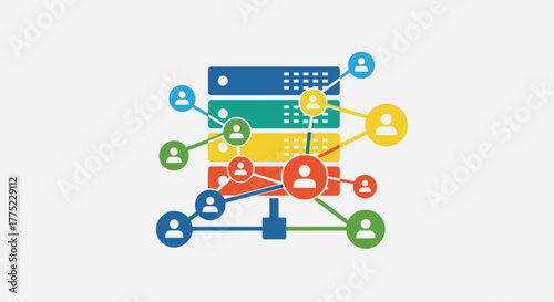 Network server with connected users and data transfer visualization.