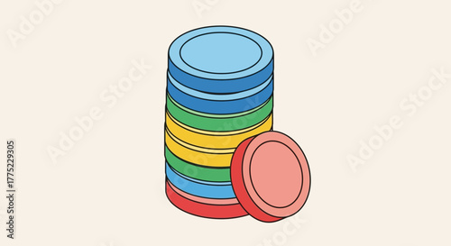 Stack of Colorful Coins or Tokens with One Leaning Against It.