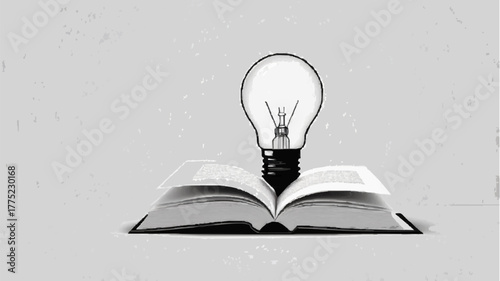 The bright light bulb illuminates the open book, symbolizing the idea and knowledge gained through reading and learning