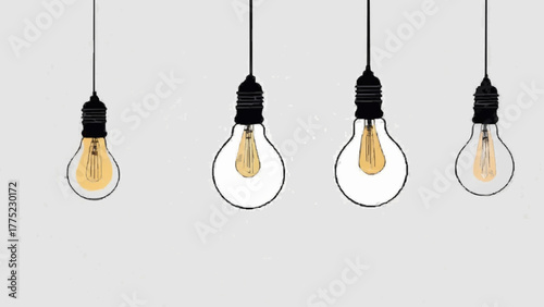 A single bright, glowing light bulb hangs beside others, illuminating a concept of idea and innovation against a pure white background