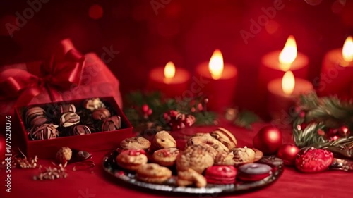 A festive christmas background with a warm and cozy atmosphere, featuring a red gift box with a large red bow on the left side, created with generative ai