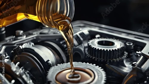 a car engine with gear wheels and oil pouring from a bottle onto it, created with generative ai