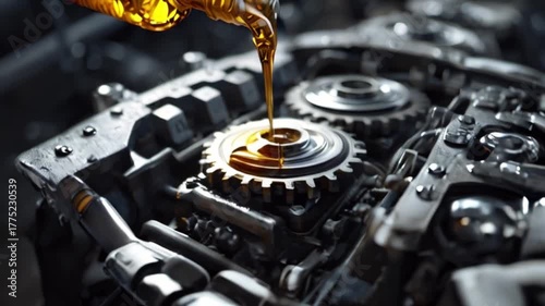 a car engine with gear wheels and oil pouring from a bottle onto it, created with generative ai
