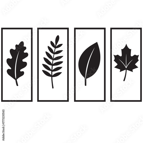 Set of four vertical black-and-white leaf illustrations, each showcasing a distinct leaf shape: lobed oak, compound fern-like, elliptical magnolia-style, and palmate maple.