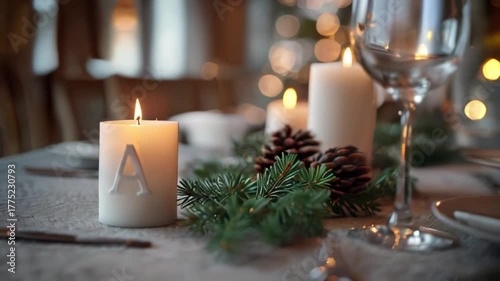Festive Christmas table setting with candles, ornaments, and greenery, created with generative ai