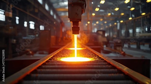  a conveyor belt with molten metal in a factory setting, created with generative ai