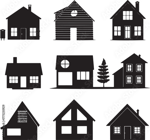 Diverse House Silhouettes with Mailbox and Tree home