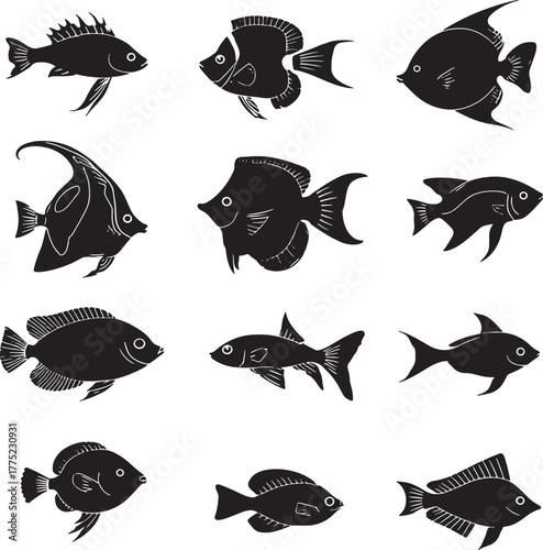 Diverse Fish Silhouettes Collection Keywords: fish, silhouette, aquarium, tropical fish, marine