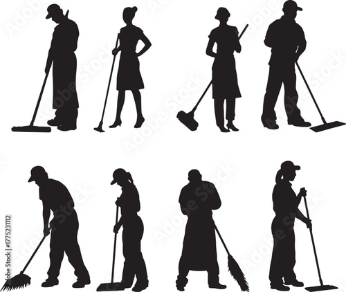 Silhouettes of cleaning staff with brooms and mops