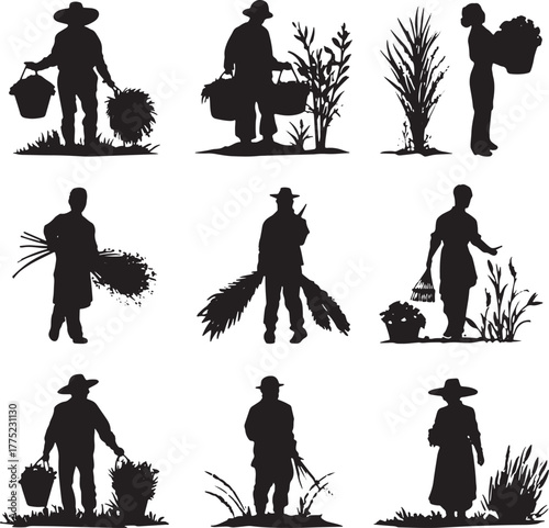 Silhouettes of farmers harvesting and carrying produce