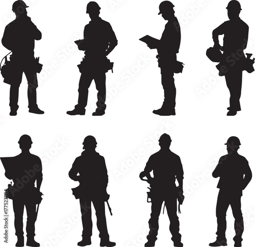 Silhouettes of construction professionals with plans and tools