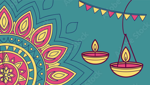 Festive Diwali greeting card template with decorative diya lamp, shimmering gold lights, and colorful mandala art — radiant blue-magenta gradient background, luxurious vector holiday illustration symb