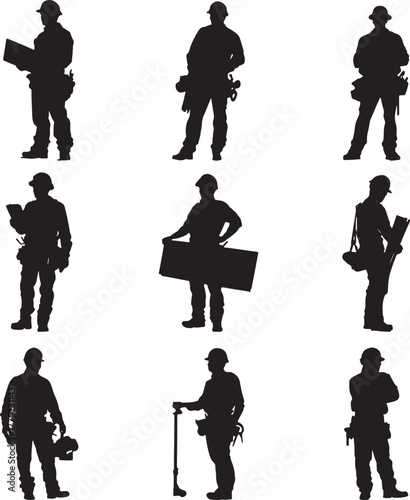 Silhouettes of construction workers with blueprints and tools