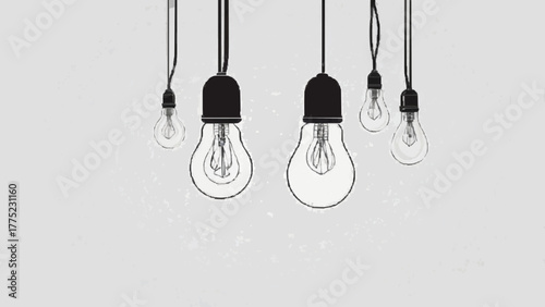 A bright concept of innovation: a glowing light bulb hanging from a rope on a white background