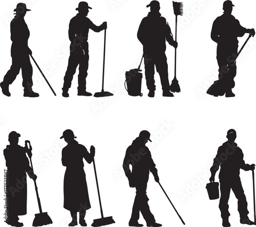 Silhouettes of sanitation workers with cleaning tools