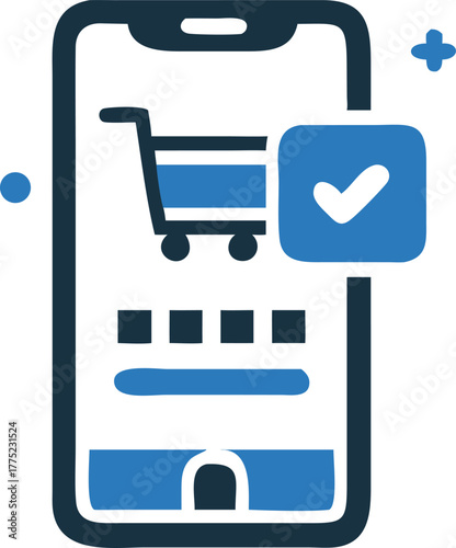 A mobile phone shows a shopping cart and a check mark symbol for purchase completion