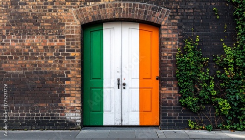 Double door painted with Irish flag colors—green, white, and orange—set in brick wall with ivy and arched top.