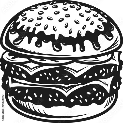 An oversized burger with dripping sauce and sesame seeds is represented in monochrome
