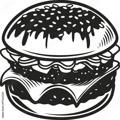 Detailed monochrome rendering depicts a burger with sesame seed bun and ingredients