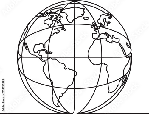 Stylized hand drawn line art globe with continents and latitude longitude lines on a white background