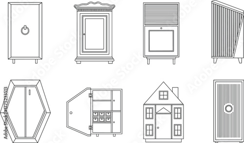 Cabinet and wardrobe vector set, modern furniture illustration, home storage design, interior decor element, wooden cupboard graphic, minimal line art, house furniture icon