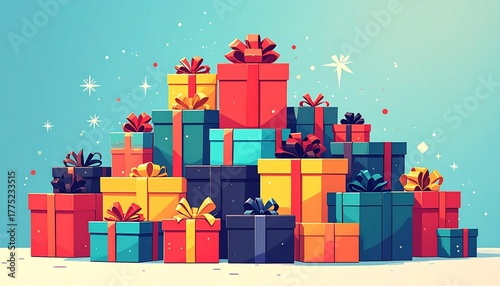 Vibrant and colorful stack of wrapped presents with ribbons  Illustration of a festive pile of gifts overflowing with joy and surprises
