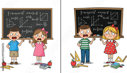 Confused children learning mathematics at classroom blackboard, boy and girl studying geometry and equations, education concept, school subject, math problem illustration