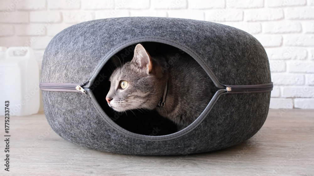 Fototapeta premium cute tabby cat peeking out of the cat tunnel