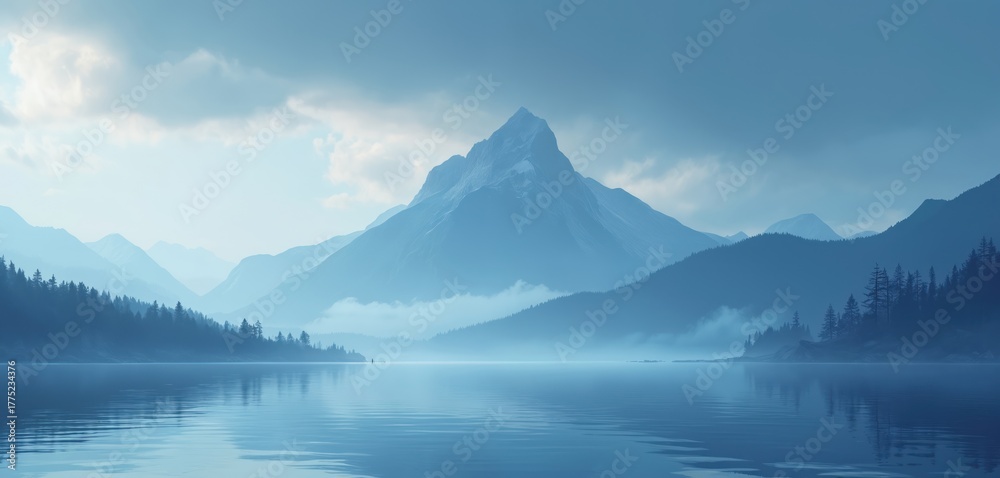 Fototapeta premium Vast blue mountain lake under cloudy sky, reflecting towering peaks. Misty evergreen forests line tranquil shores, creating serene natural panorama. Lone person in tiny boat adds unique scale to