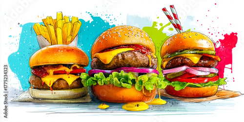 Colorful Gourmet Cheeseburger Trio with Fries in Bold Splash Illustration