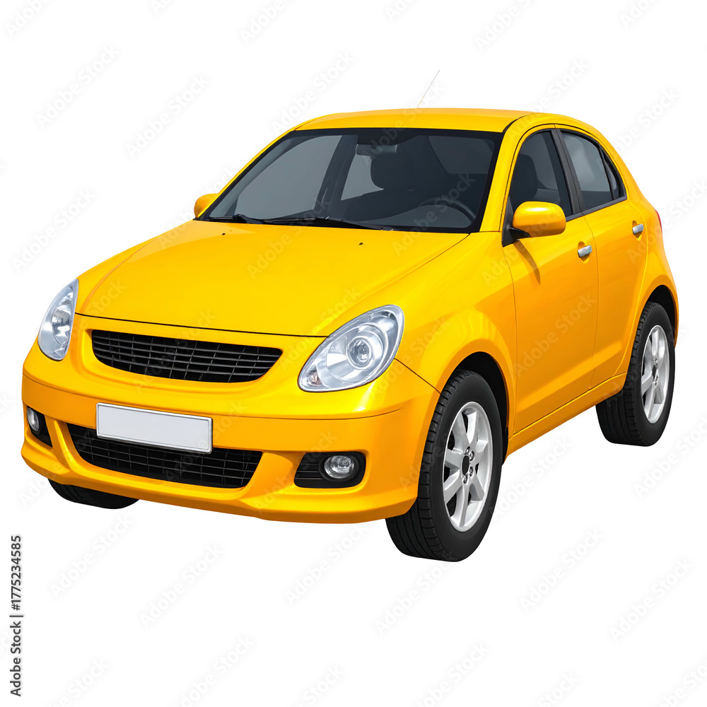Obraz premium Bright yellow compact car with clear headlights and dark tires, on a transparent background