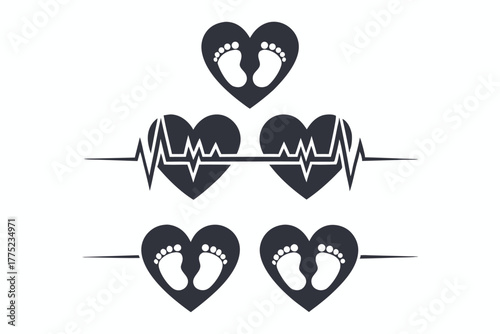 Black hearts are featuring small baby footprints and lifeline on a white background