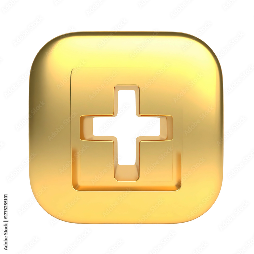 Obraz premium Shiny golden plus sign icon with rounded corners and a beveled inner square