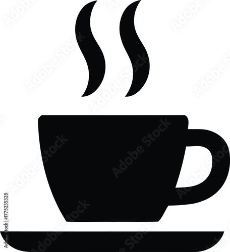 Black silhouette of a steaming coffee cup and saucer
