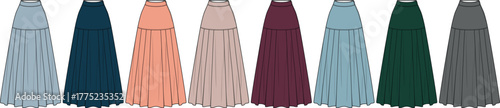 Collection of Long Pleated Skirts in Various Colors and Styles, Showcasing Fashion Versatility and Elegant Design for Women's Wardrobe