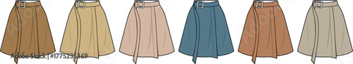 Elegant vector illustration showcasing a diverse collection of women's flowing pleated maxi skirts in various fashionable colors, ideal for fashion design and apparel concepts