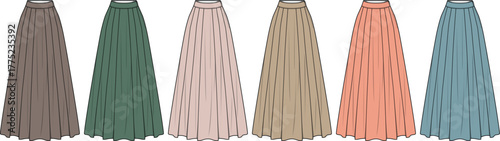 Collection of pleated maxi skirts in various colors for fashion and design projects
