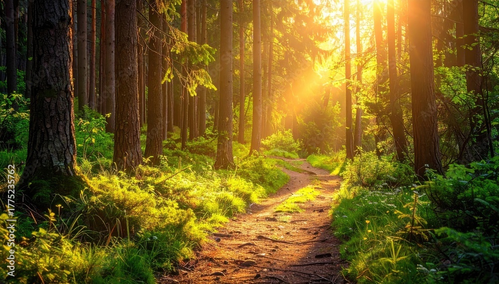 Fototapeta premium Sunlight filters through lush green forest trees illuminating a winding dirt path in the woods during golden hour