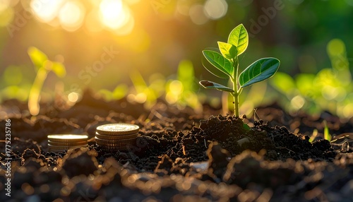 Fototapeta Naklejka Na Ścianę i Meble -  Close-up of a tiny plant emerging from dark soil, sunlight illuminating leaves. Coins lie near it, hinting at growth and prosperity