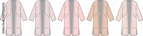 Collection of women's longline robe coat technical flat sketches in pastel colors. Fashion design template of a belted cardigan with shawl collar and pockets