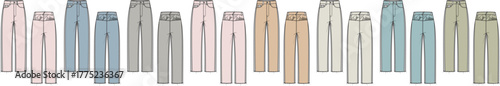 Row of colorful pants illustrations offers diverse style options, showcasing fashion and design in a vibrant display of clothing